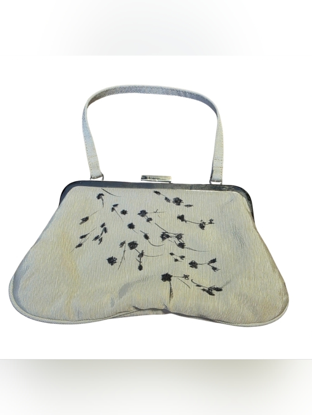 Ivory Satin Floral Clutch Kiss Lock Frame Top Handle Formal Bag